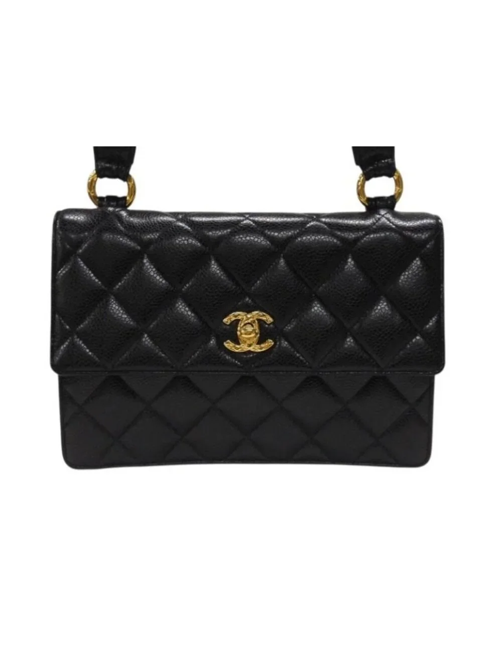 Chanel Bag Caviar Leather CC Logo Black Vintage Gold